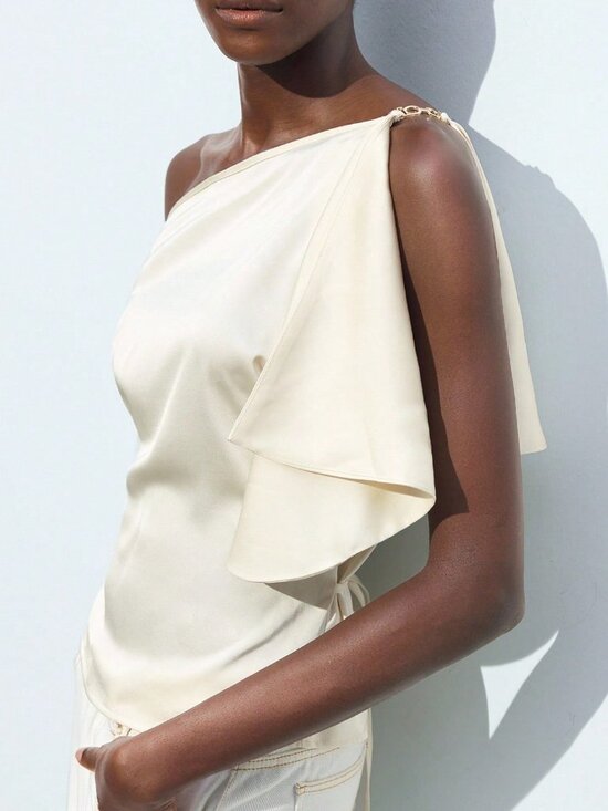 Tops - White Elegant Women's Asymmetrical Neck Top
